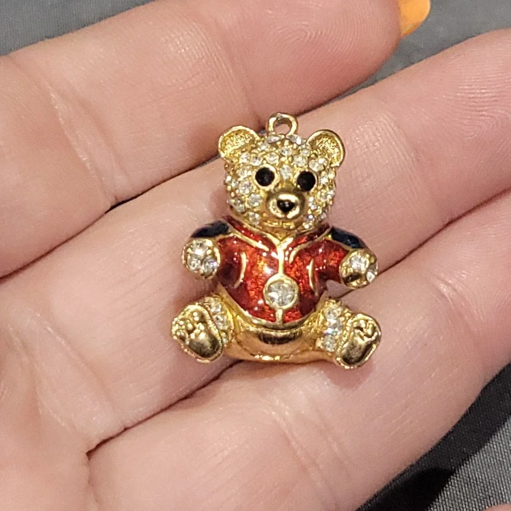 Savvy Swarovski Limited Edition Crystal Gold Tone Teddy Bear Pendant Red Enamel